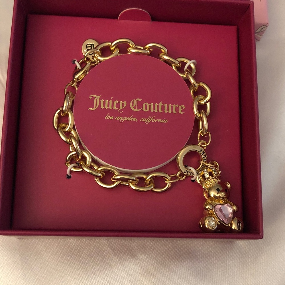 Juicy Couture Gold Tone Charm Bracelet Teddy Bear Charm Pink Crystal Heart NIB